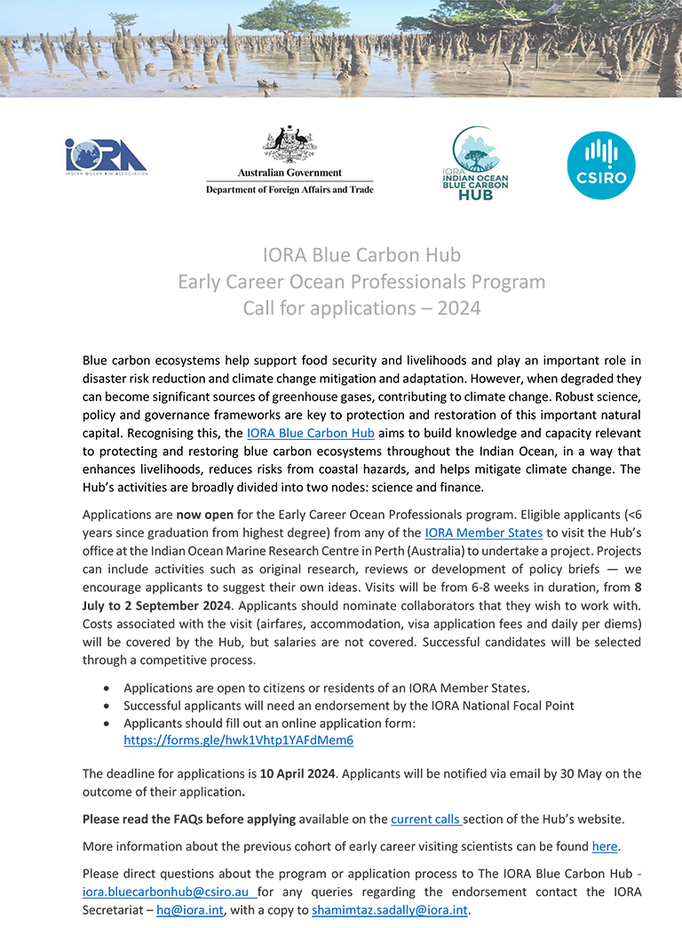 Appel à candidatures du “Programme des professionnels de l’océan en début de carrière du Blue Carbon Hub de l’IORA”